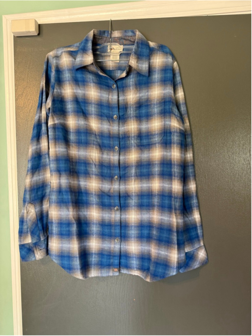 Women's Dickies Blue Beige Plaid Button Down Shirt S